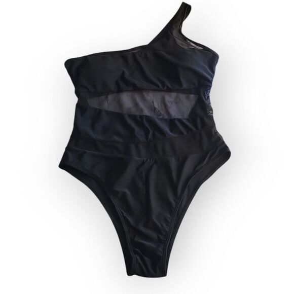 Elegant Black One Shoulder Swimsuit with Contrast Mesh High Elasticity - Picture 10 of 15